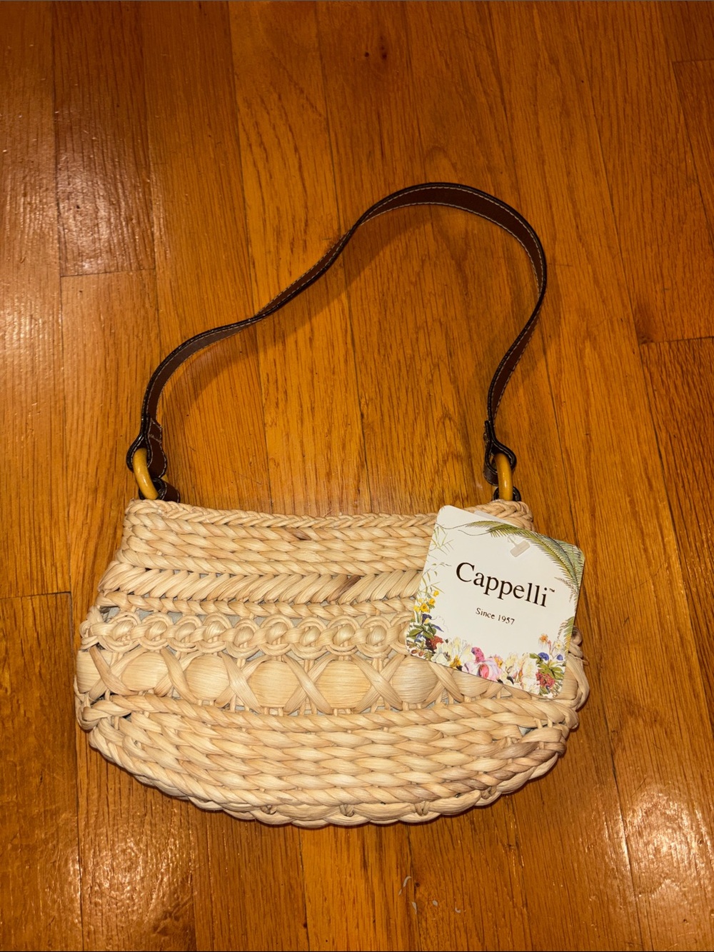 Capelli of New York Natural Straw Small Bag with Brown Strap New
